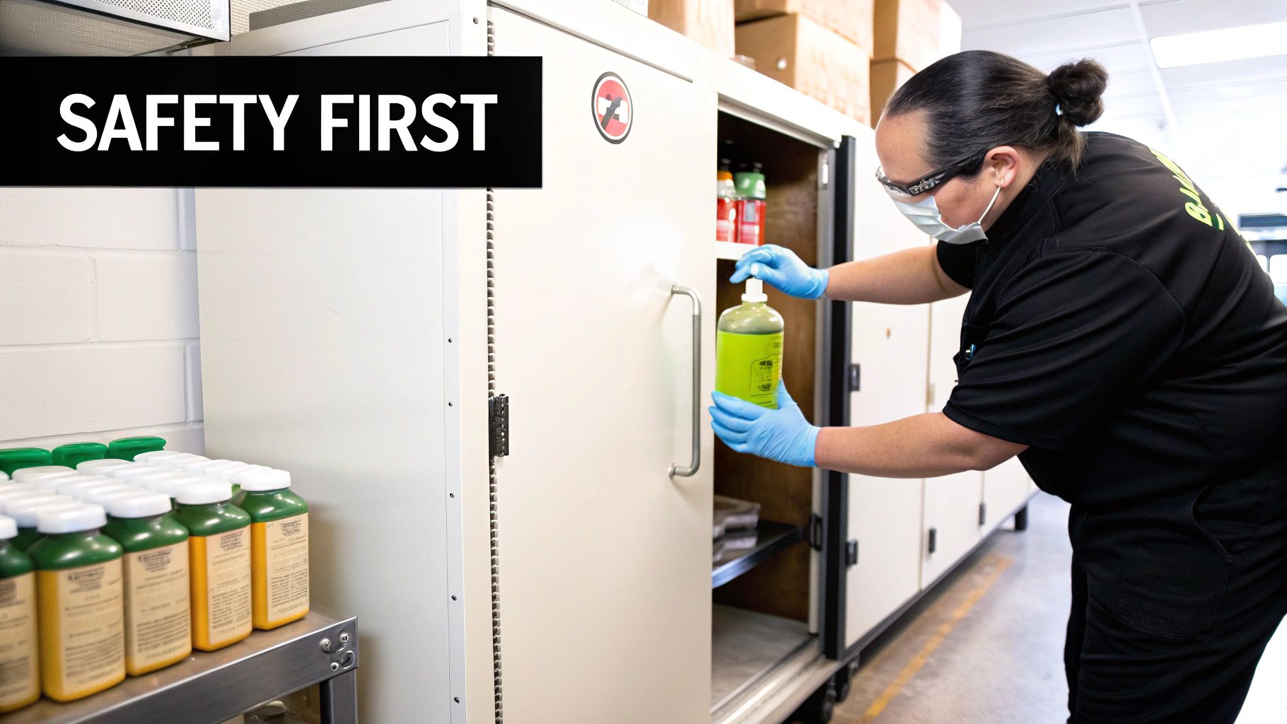 Worker with mask, safety glasses, and gloves handling a green liquid bottle near a "Safety First" sign.