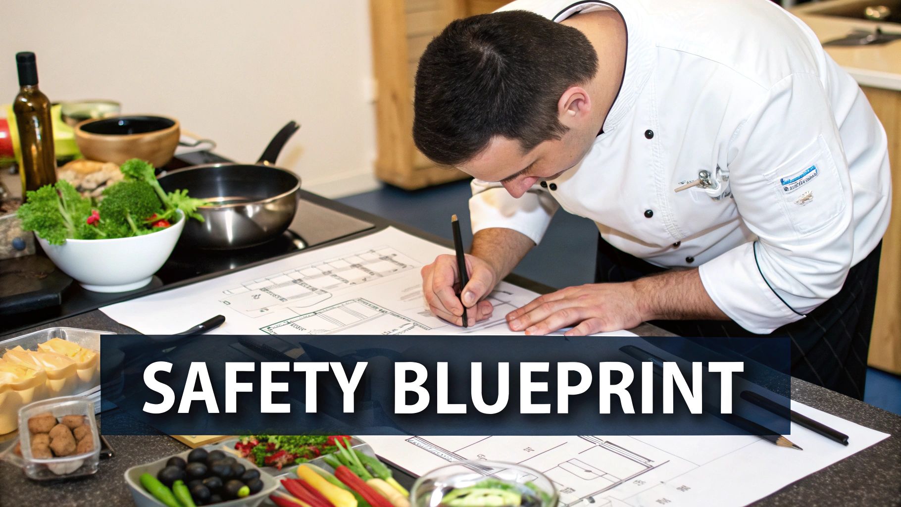 A food service worker wearing gloves and a hairnet carefully measures ingredients in a spotless commercial kitchen.