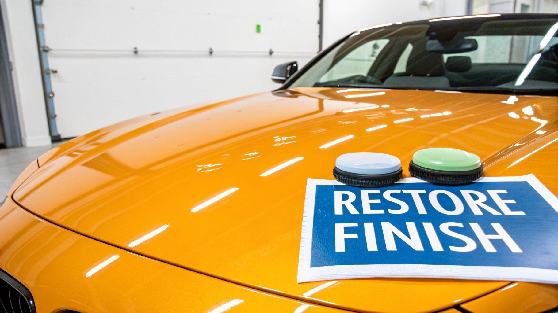 Vibrant orange car hood featuring detailing pads and a 'RESTORE FINISH' sign, highlighting car care.