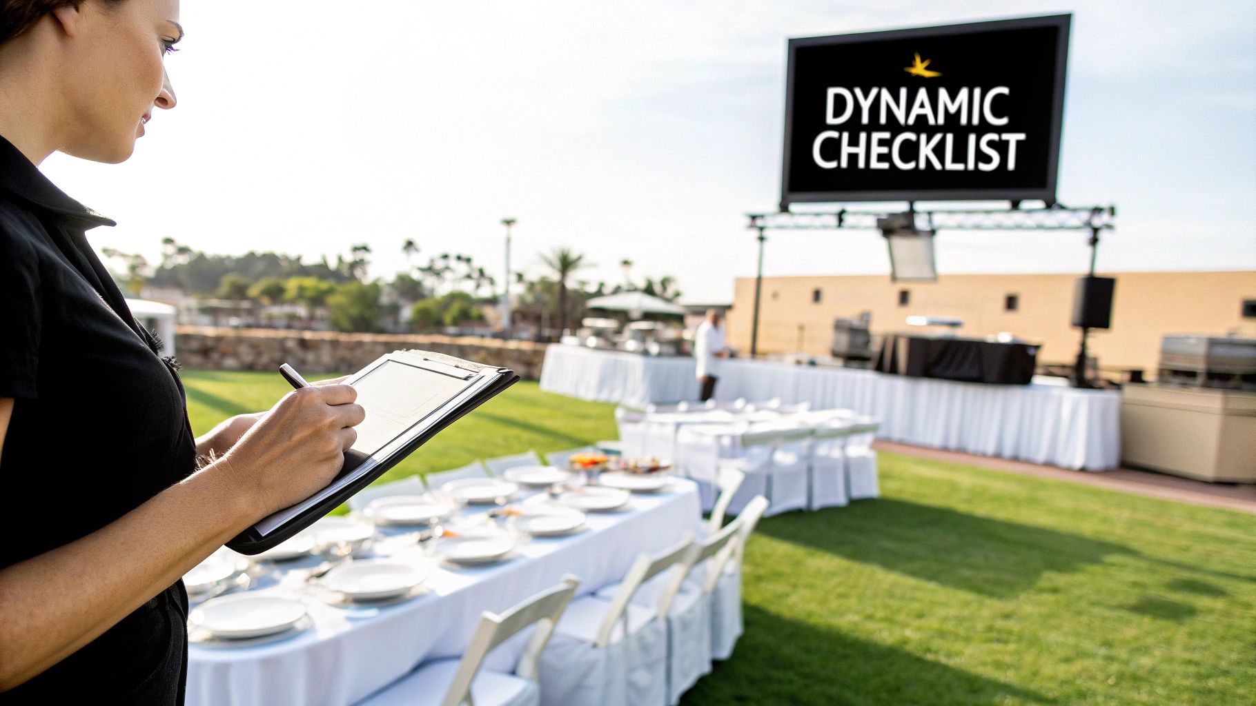 A woman writes on a clipboard at an outdoor event, with a large screen displaying 'DYNAMIC CHECKLIST'.