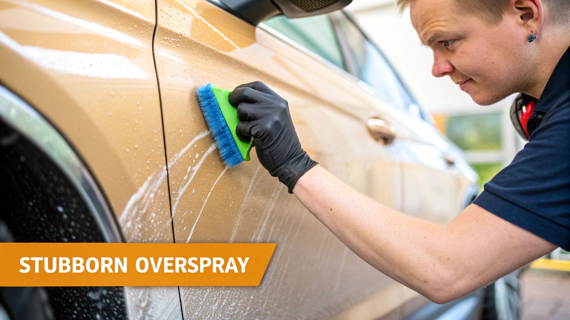 A detailer carefully working on the black plastic trim of a car door with a small brush.