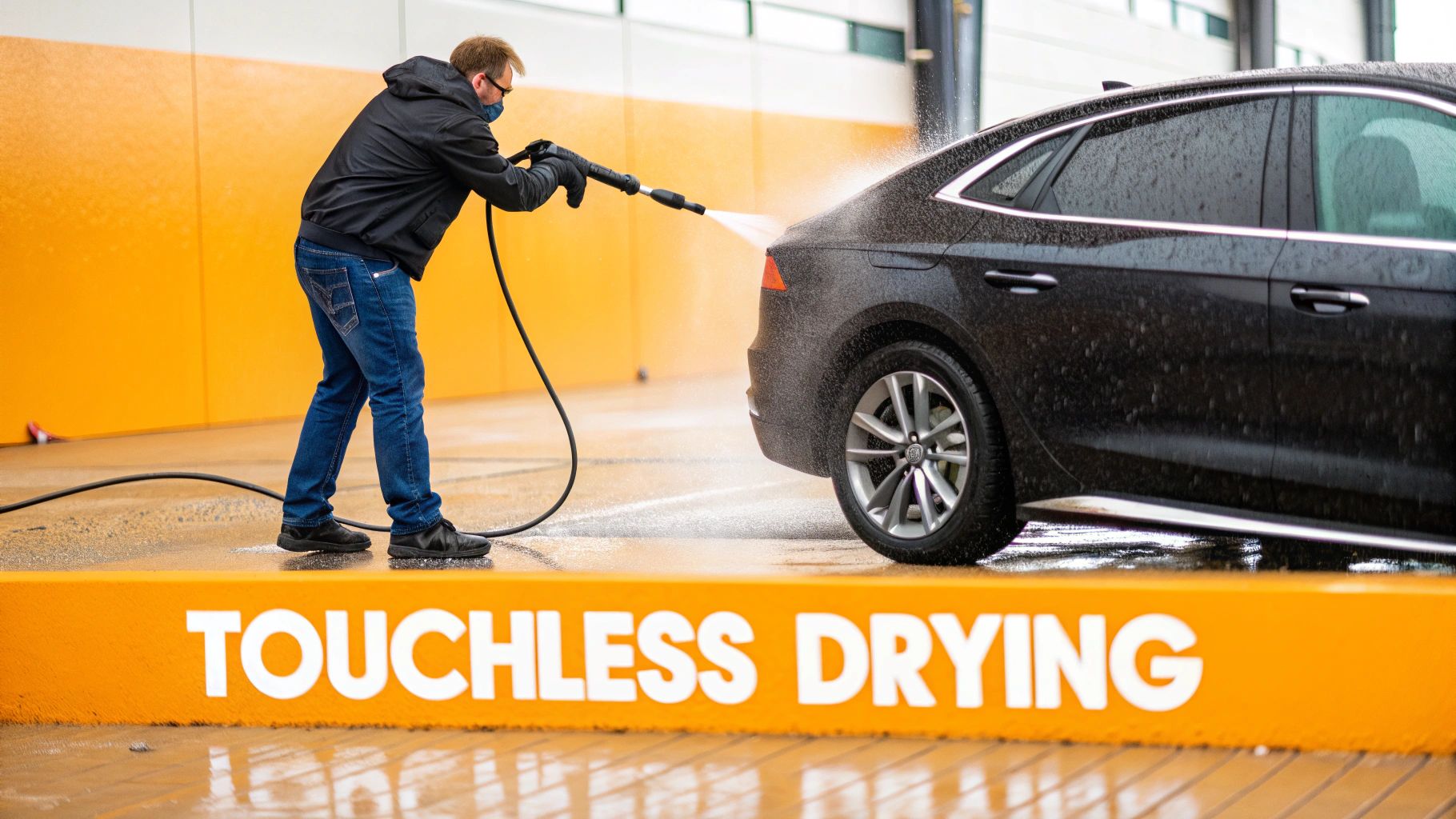 Man in a mask and black jacket pressure washes a dirty black car at a car wash.
