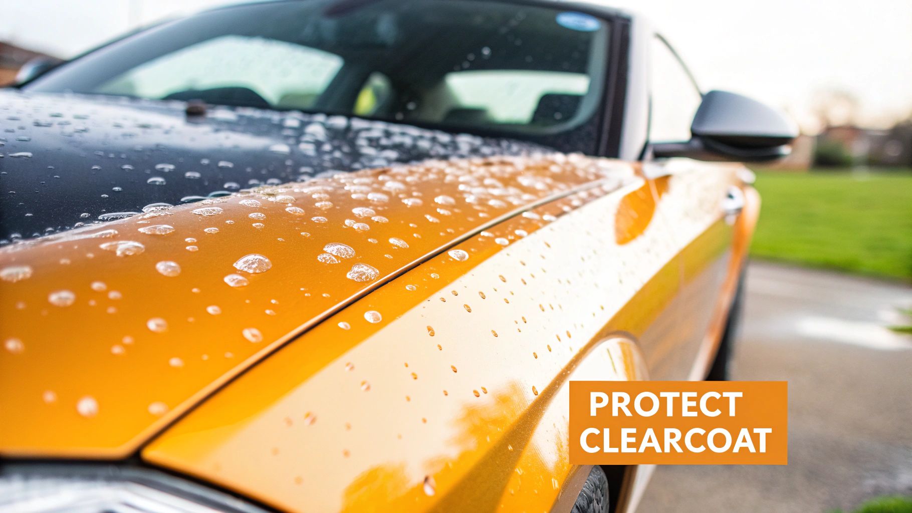 Orange car with water beads on clearcoat paint protection after washing treatment