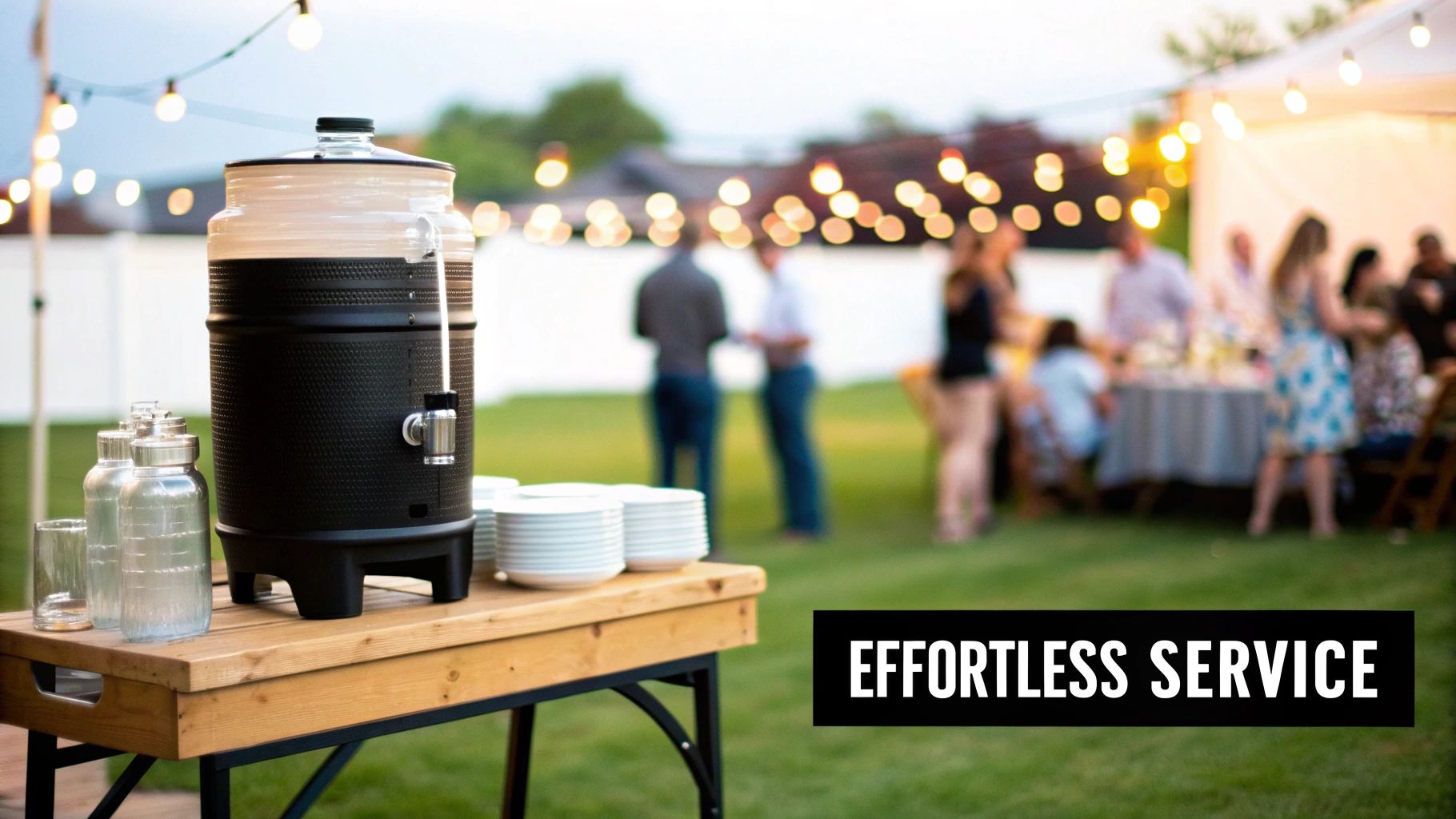 A 10-gallon black and beige drink dispenser with plates on a wooden table at an outdoor party.