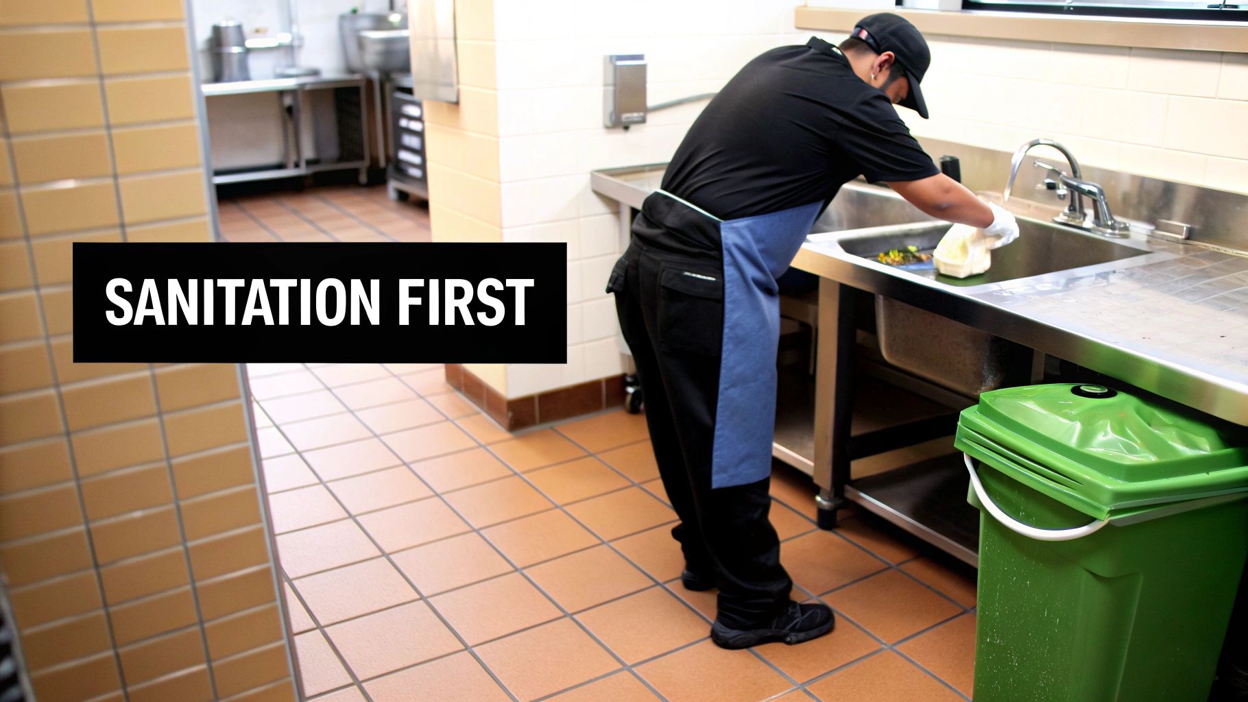 A worker in a blue apron and gloves washes dishes in a commercial kitchen, with a 'SANITATION FIRST' sign.