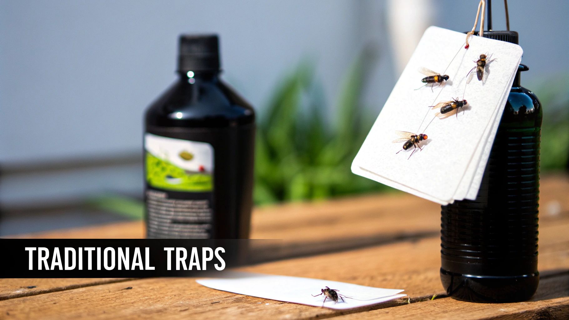 Multiple traditional fly traps, featuring black bottles and white sticky cards with imitation flies, on a wooden table.
