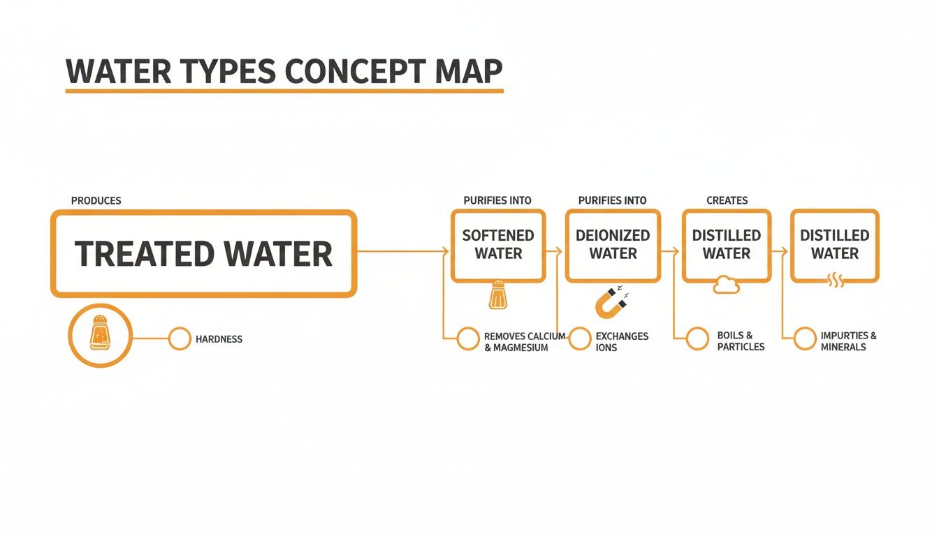 A water types concept map illustrating the purification steps from treated water to softened, deionized, and distilled water.