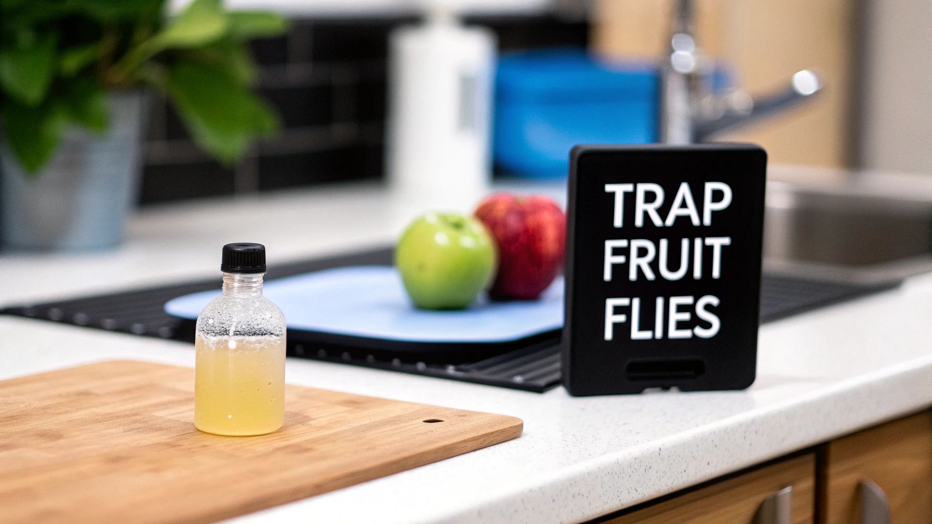 Homemade fruit fly trap bottle, two apples, and a 'TRAP FRUIT FLIES' sign on a kitchen counter.