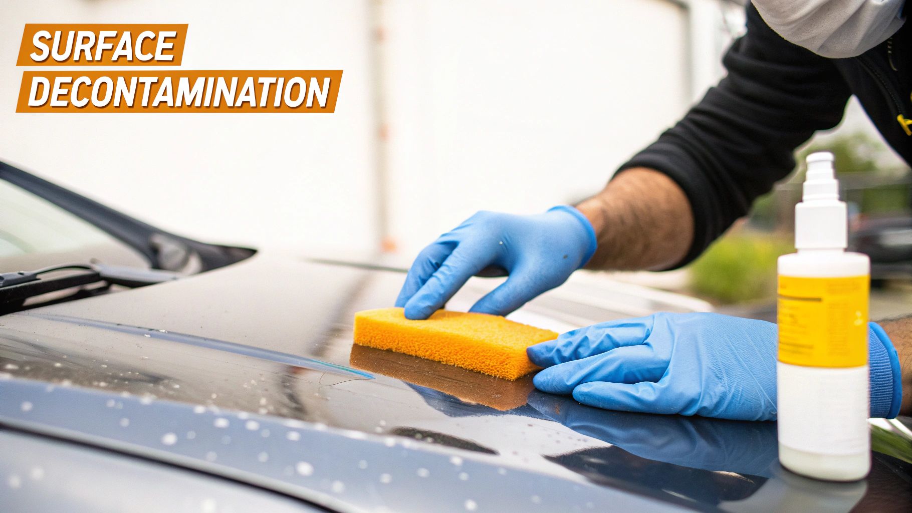 A professional detailer polishing a car with a dual-action polisher to remove imperfections.
