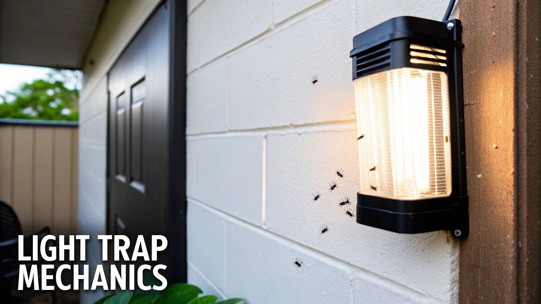 An outdoor light trap on a white brick wall illuminated at dusk, attracting many small insects.