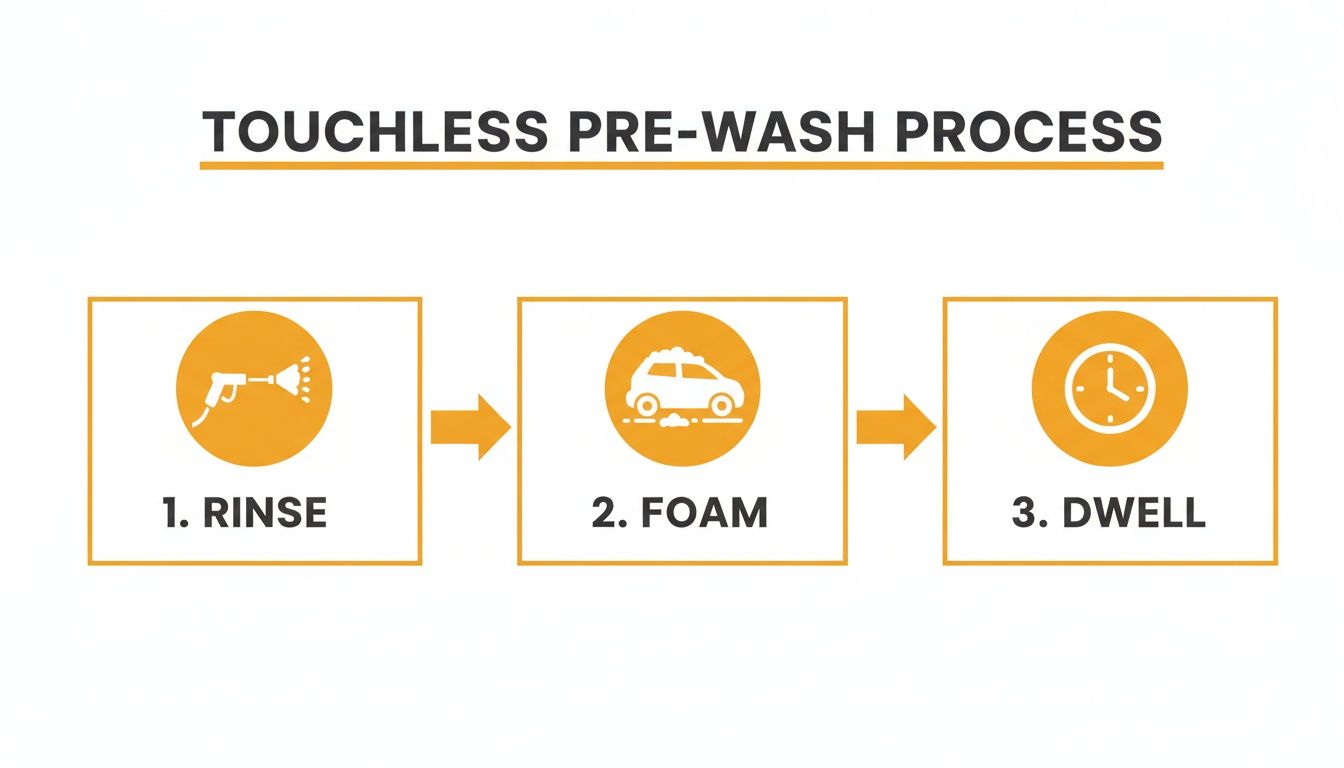Diagram illustrating the three steps of a touchless car pre-wash: rinse, foam, and dwell time.