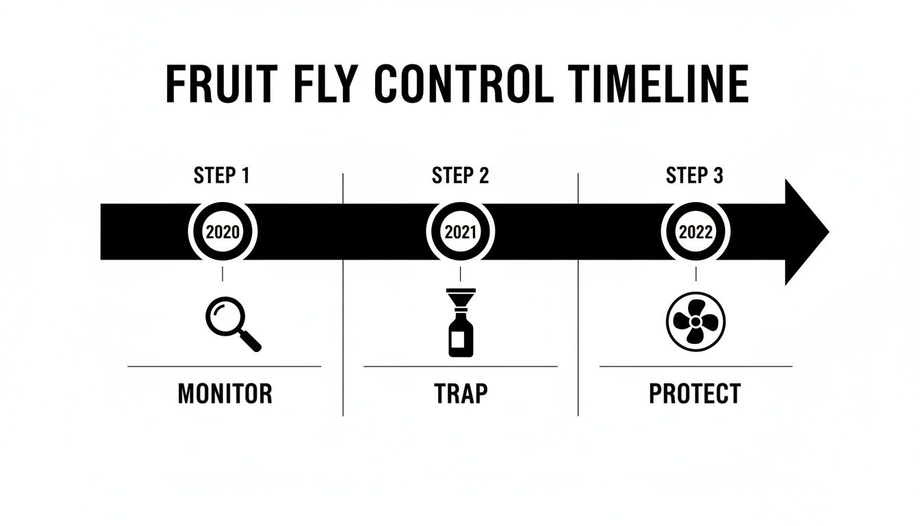 A black and white infographic timeline illustrating fruit fly control steps: Monitor (2020), Trap (2021), Protect (2022).