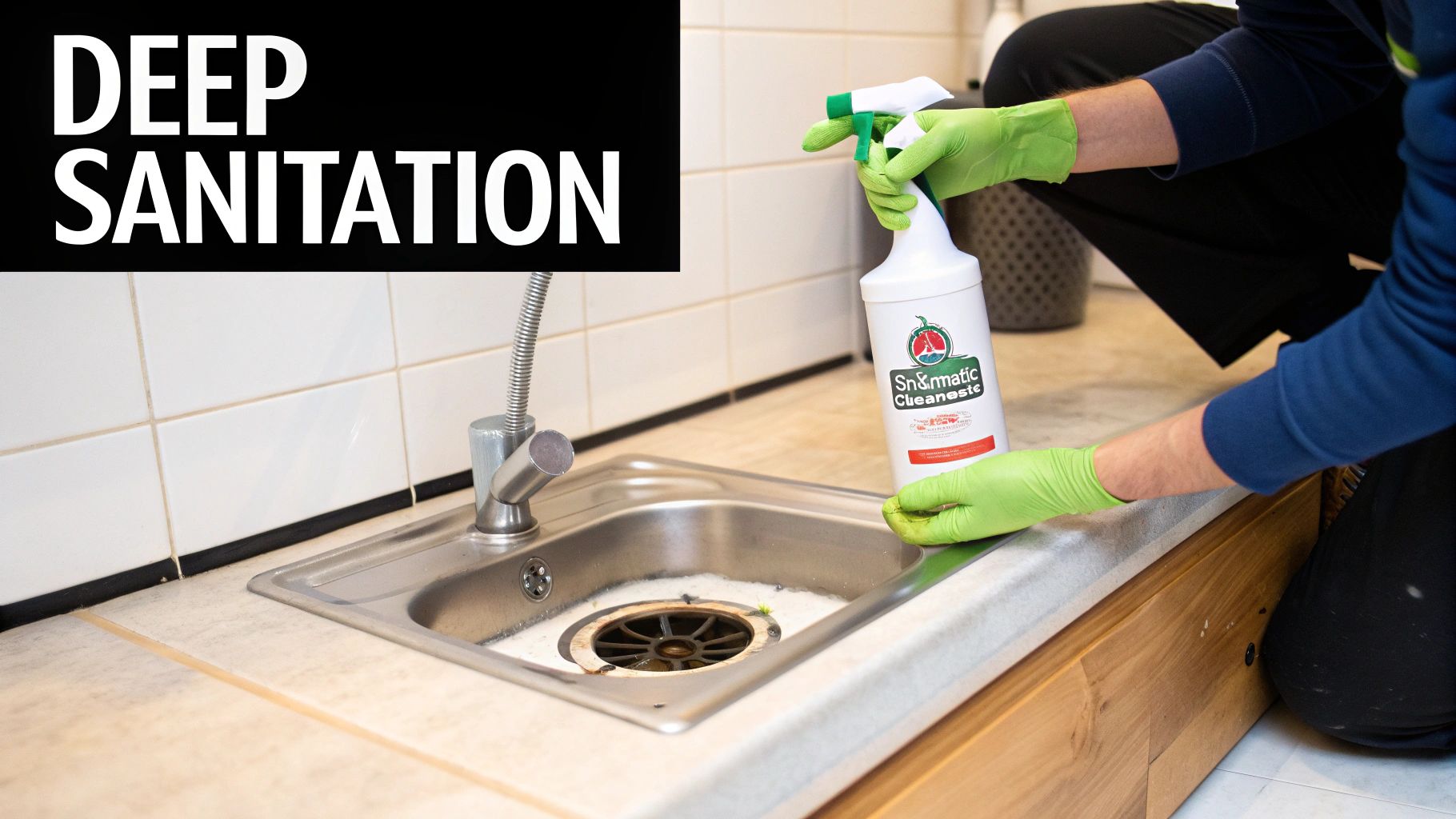 A person in green gloves sprays a cleaner into a kitchen sink for deep sanitation.