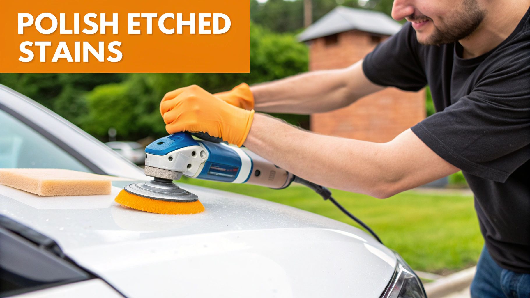 A man in orange gloves uses an orbital polisher to remove etched stains from a white car's hood.