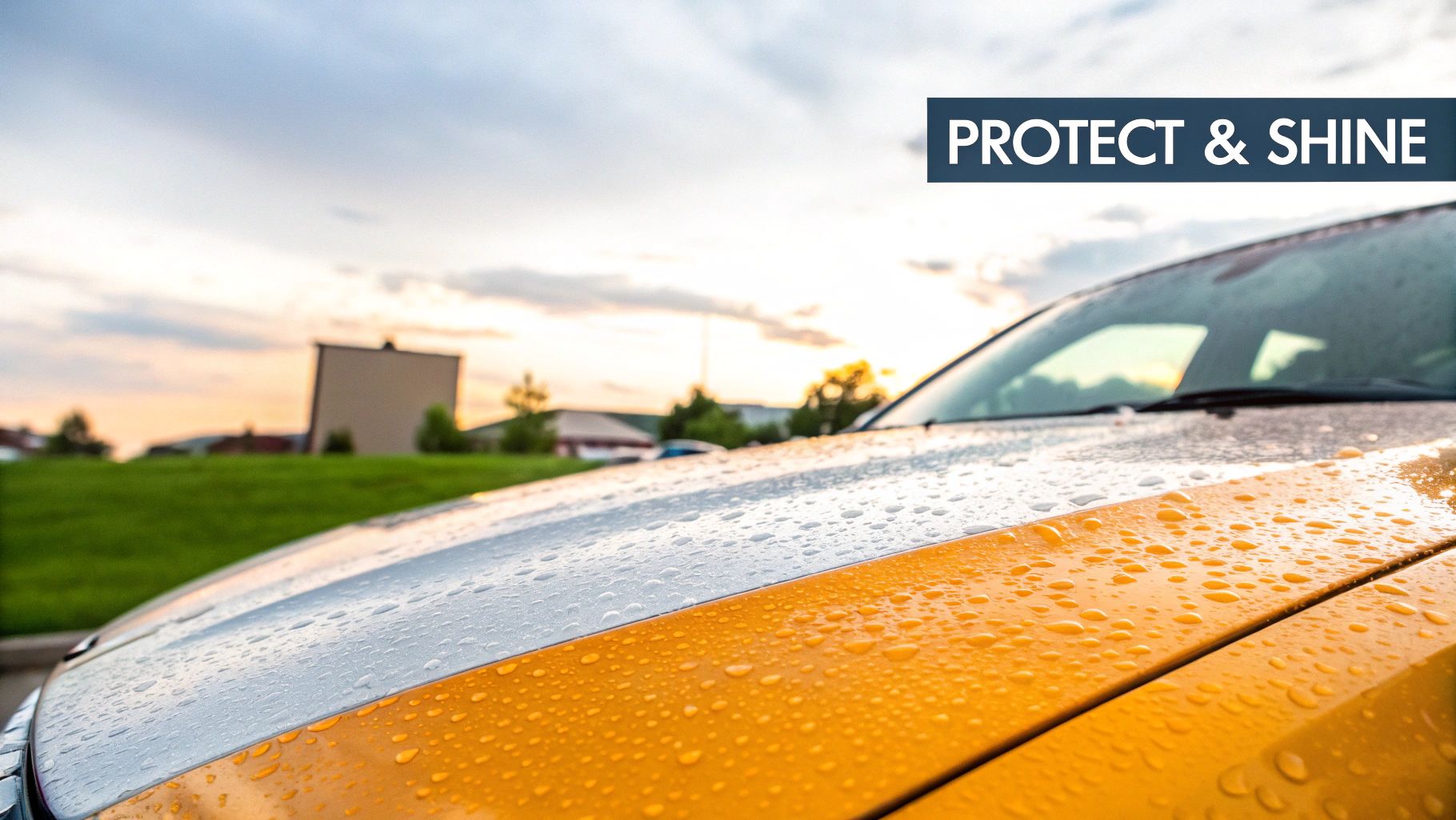Close-up of a car hood with water droplets on silver and yellow paint, text 'PROTECT & SHINE'.