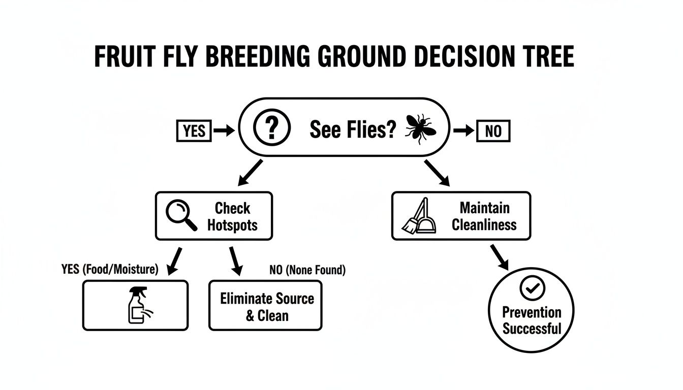 Decision tree flowchart for identifying and eliminating fruit fly breeding grounds in a home.