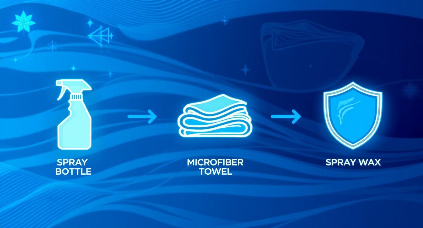 A blue infographic showing a spray bottle, microfiber towel, and spray wax shield icon, illustrating a car cleaning process.