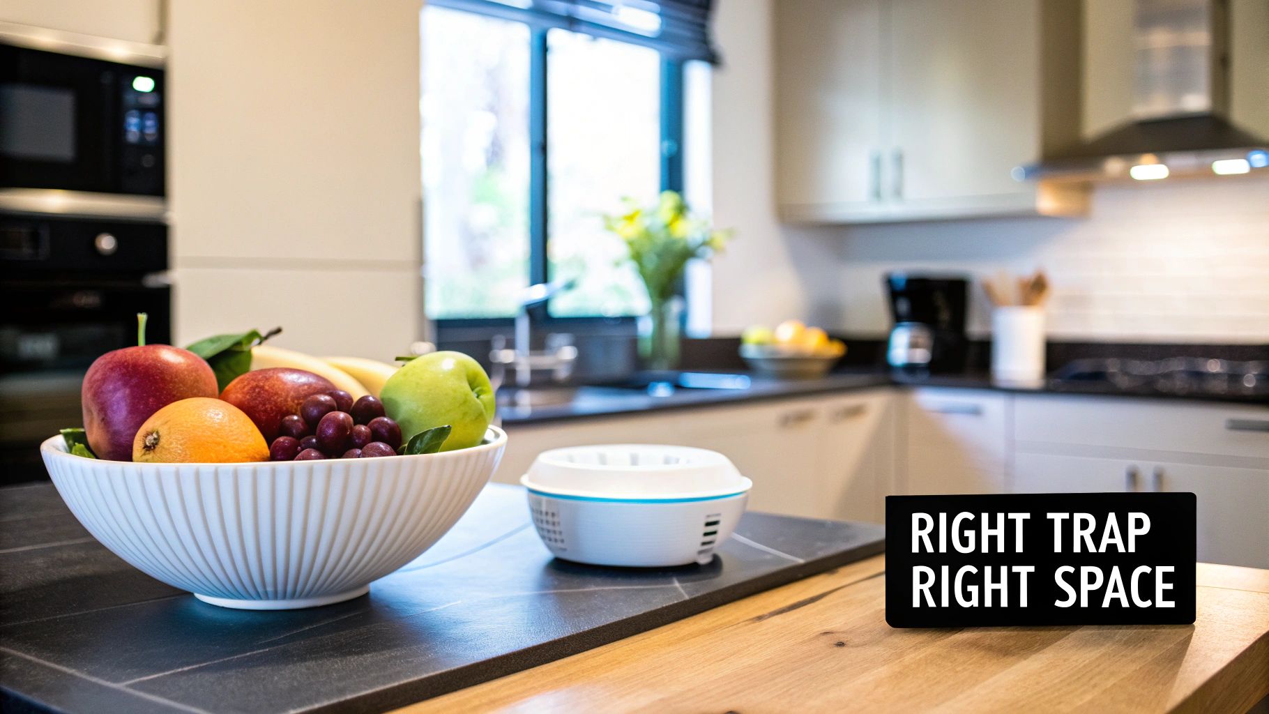A person setting a fruit fly trap on a modern kitchen counter near a fruit bowl.