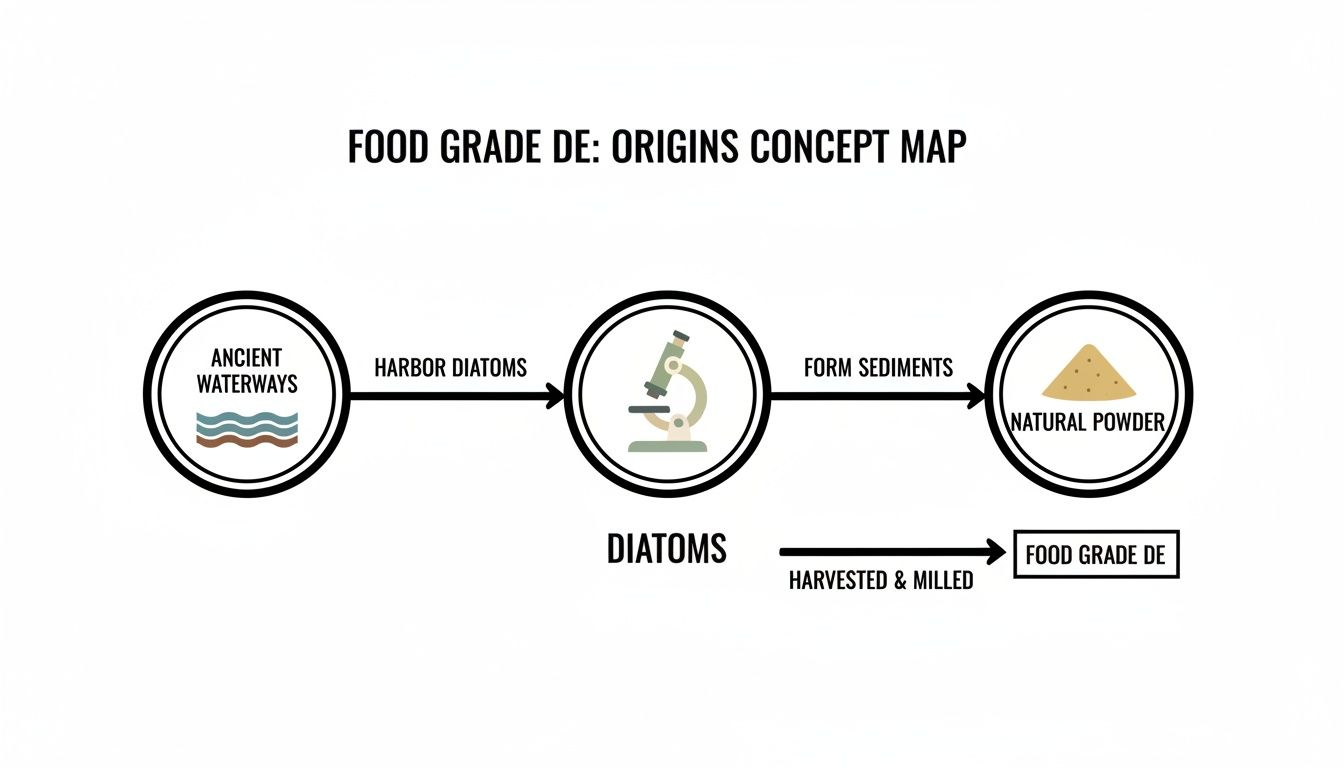 A concept map detailing the origins of food grade DE, from ancient waterways to diatoms and natural powder.