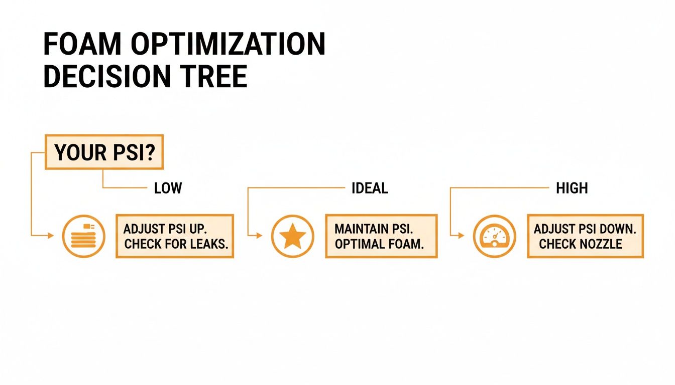 A decision tree flowchart for foam optimization, guiding users to adjust PSI based on low, ideal, or high pressure.