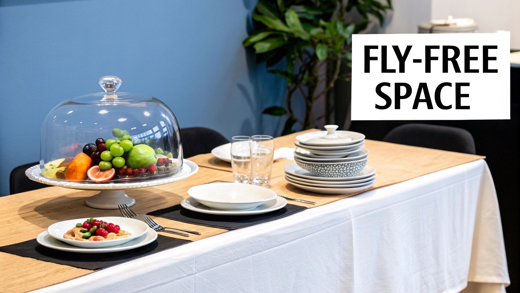 A table set with dishes and fresh fruit under a protective glass dome, indicating a fly-free space.