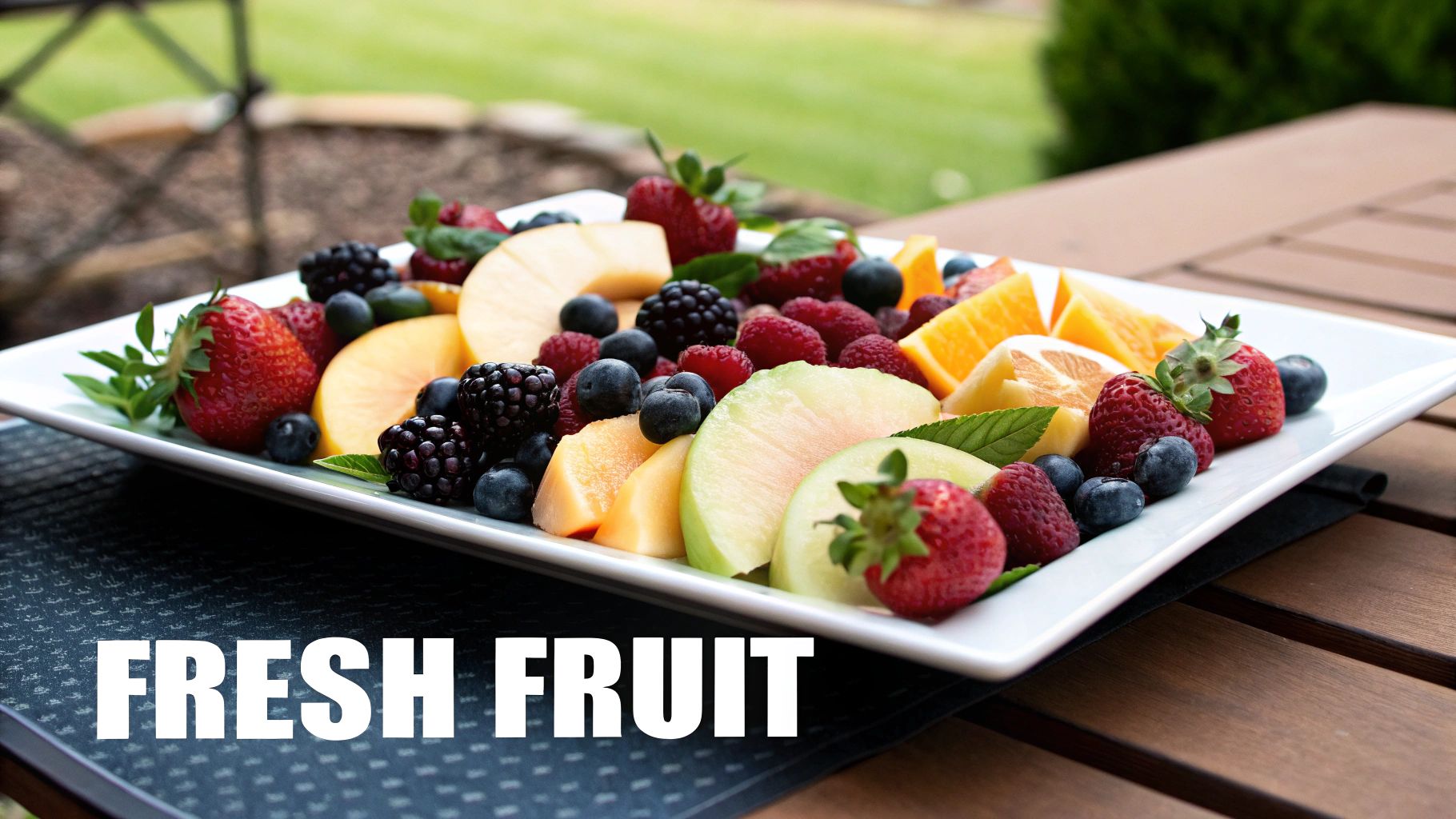 A vibrant platter of fresh fruits, including strawberries, blueberries, raspberries, and melon, served on an outdoor table.