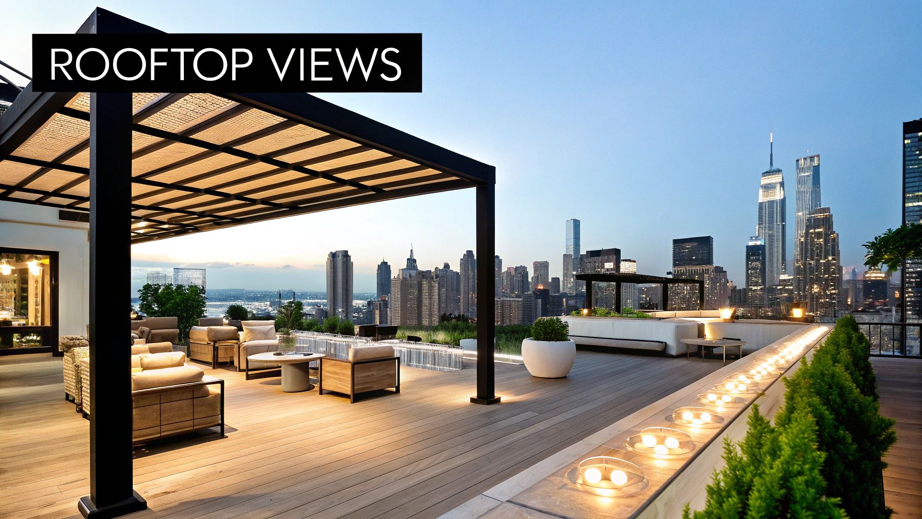 Luxury rooftop terrace with modern pergola, ambient lighting, and panoramic city skyline views at dusk