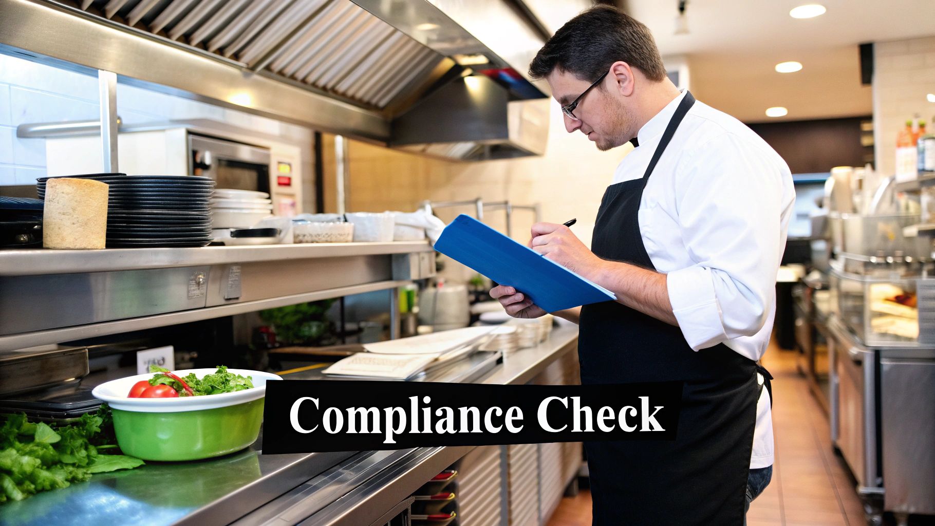 A chef carefully seasons a dish in a professional kitchen, highlighting the need for food-safe practices.