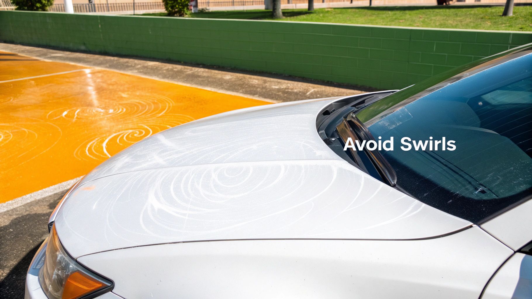 White car hood and windshield showing prominent water spot swirl marks with 'Avoid Swirls' text.