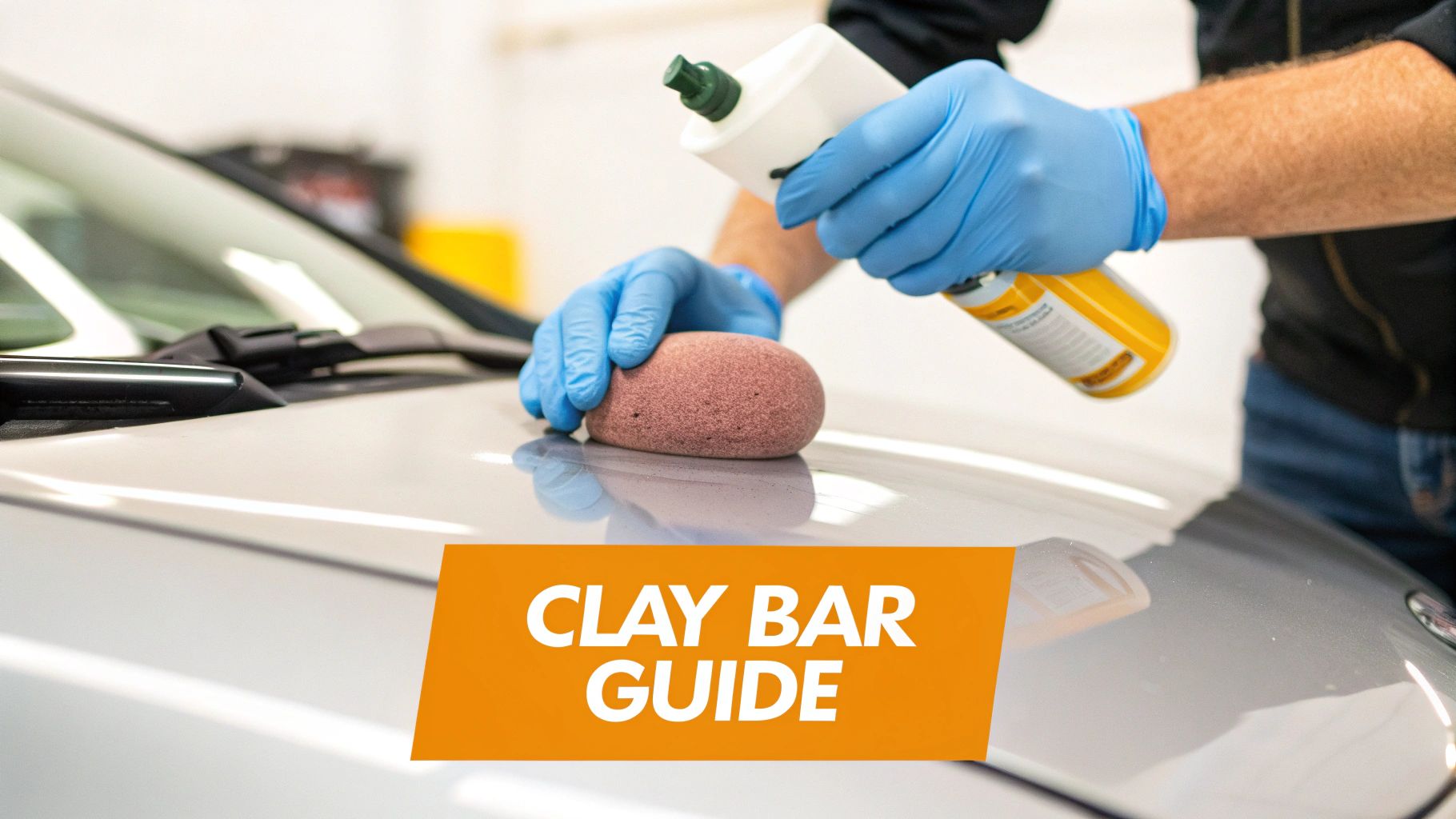 A person in blue gloves using a clay bar and spray lubricant on a car's hood, detailing it.