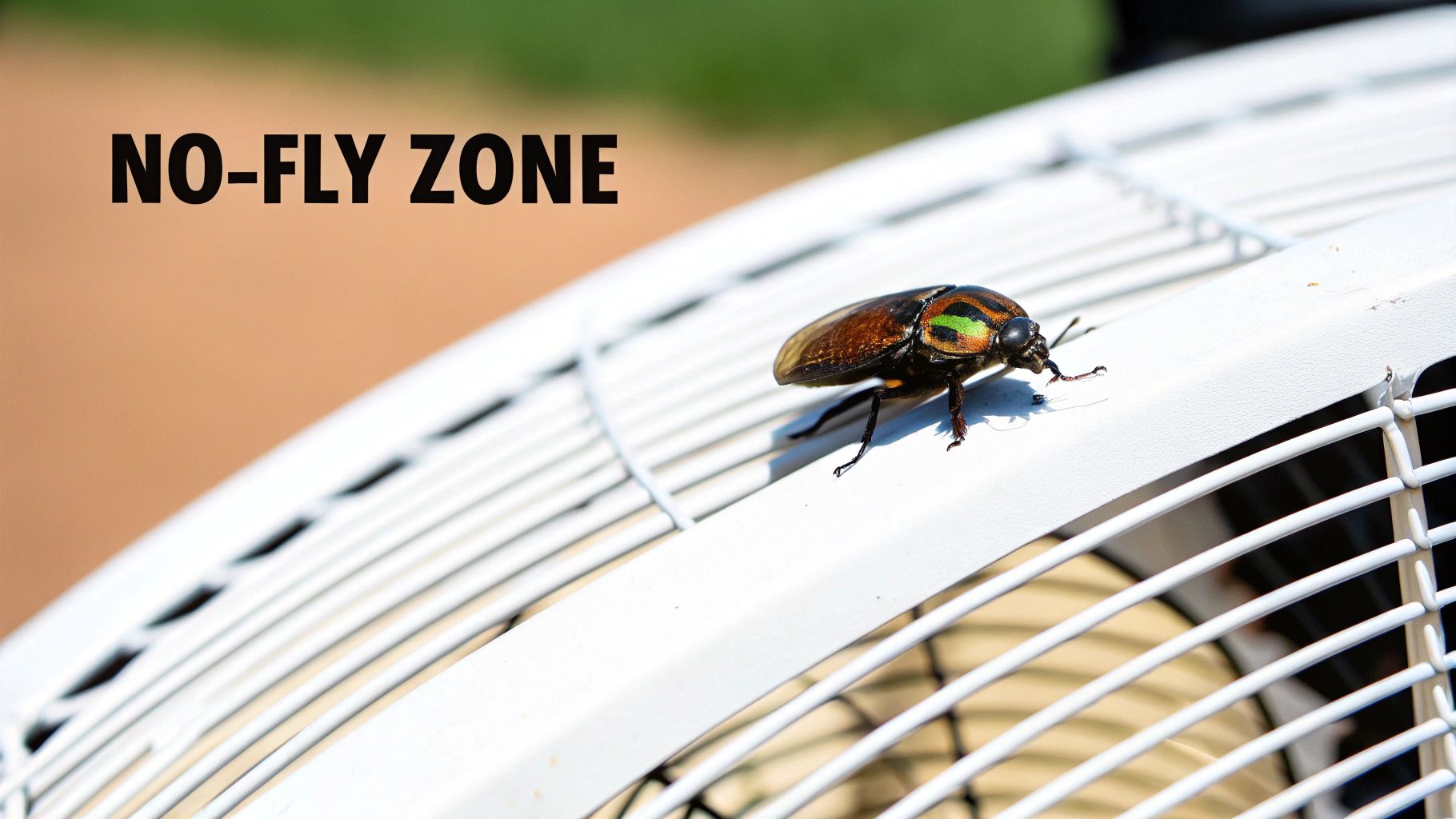 Close-up of the holographic blades on a bug off fan, showing the reflective patterns.
