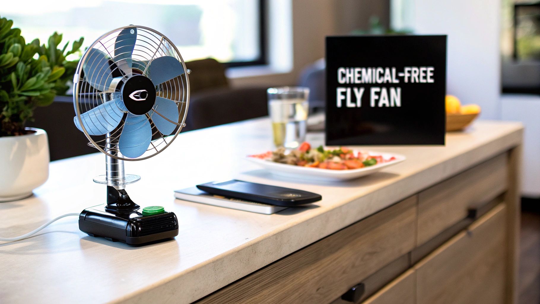 A chemical-free fly fan with blue blades stands on a modern kitchen counter with food.