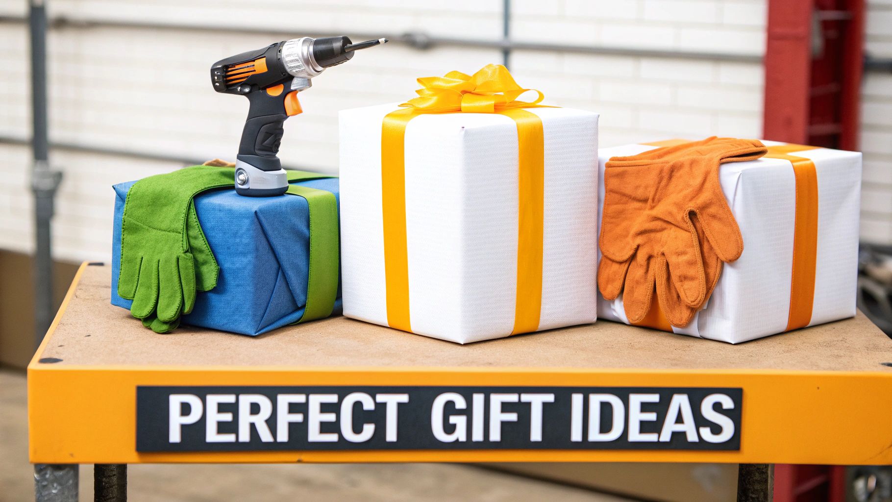 Three gift-wrapped boxes with a drill and work gloves, perfect presents for DIY enthusiasts.