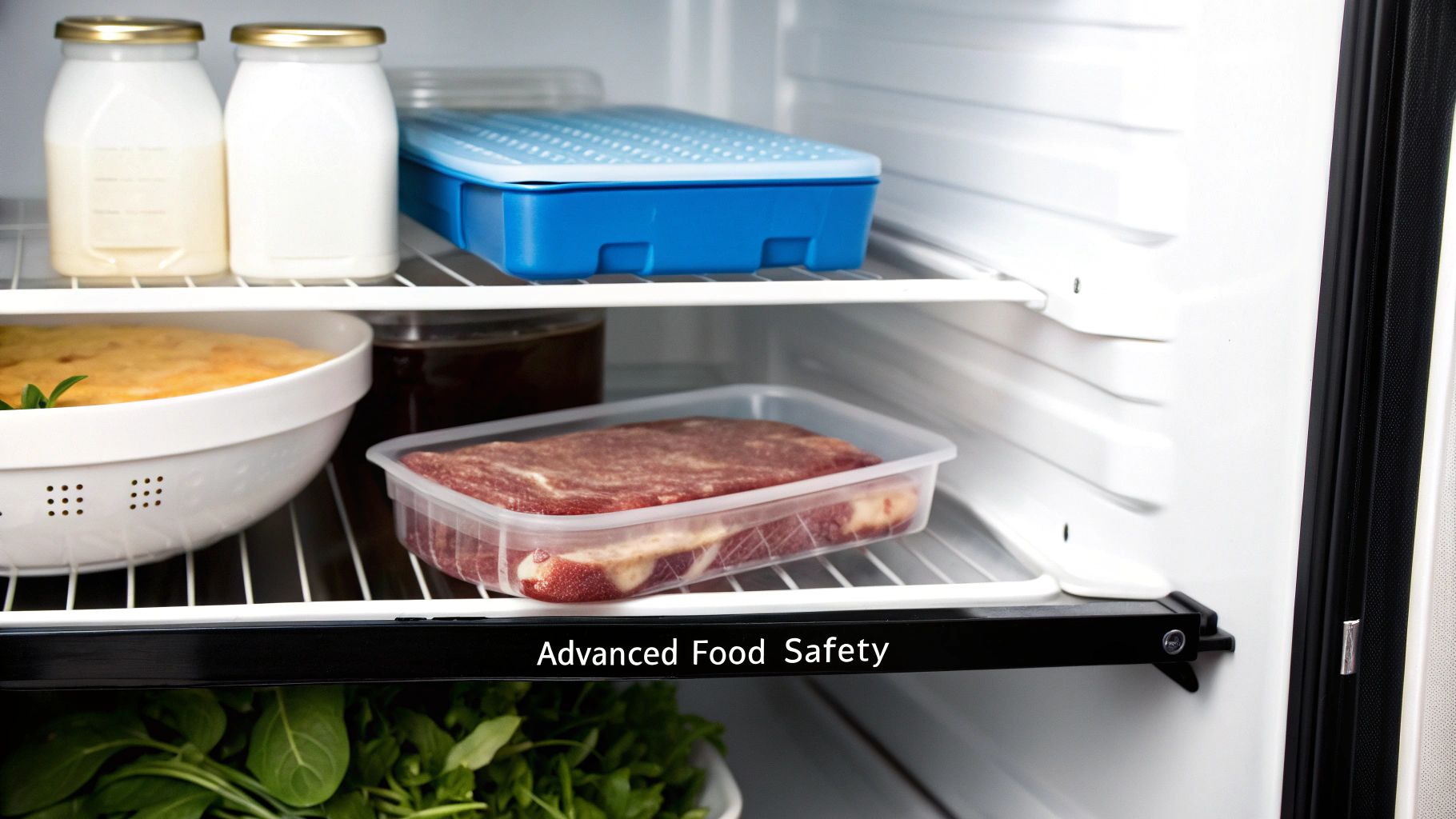A person storing raw meat on the bottom shelf of a clean refrigerator.