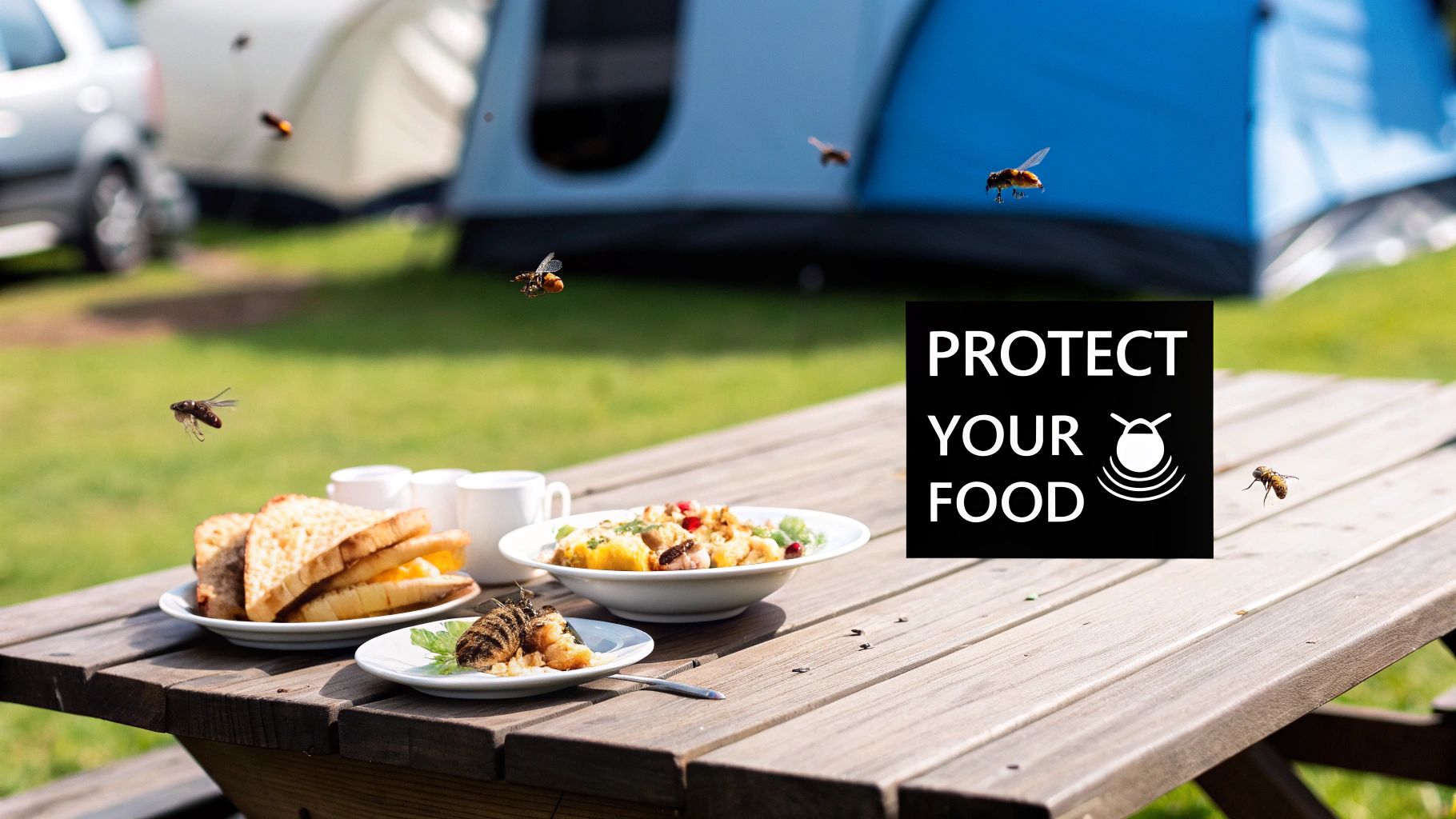 A family enjoys a meal at a picnic table while camping, with lush green trees in a background.