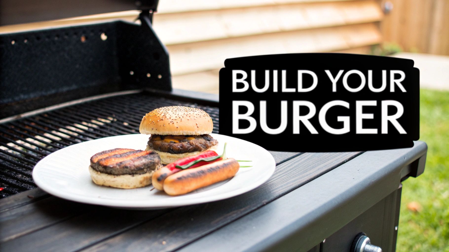 Plate of grilled burger, patty, and hot dogs with a 'Build Your Burger' sign at a backyard barbecue.
