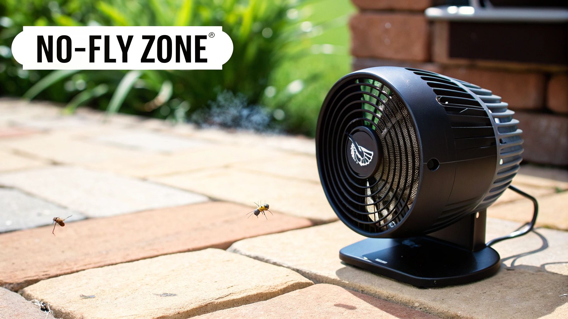A black outdoor mosquito repellent fan on a patio actively repelling flying insects with a misty vapor.