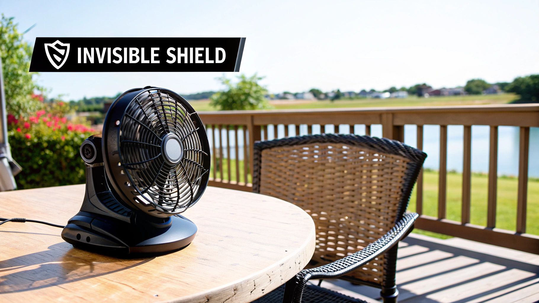 Person setting up an OFF! Insect Repellent Fan on a patio table.