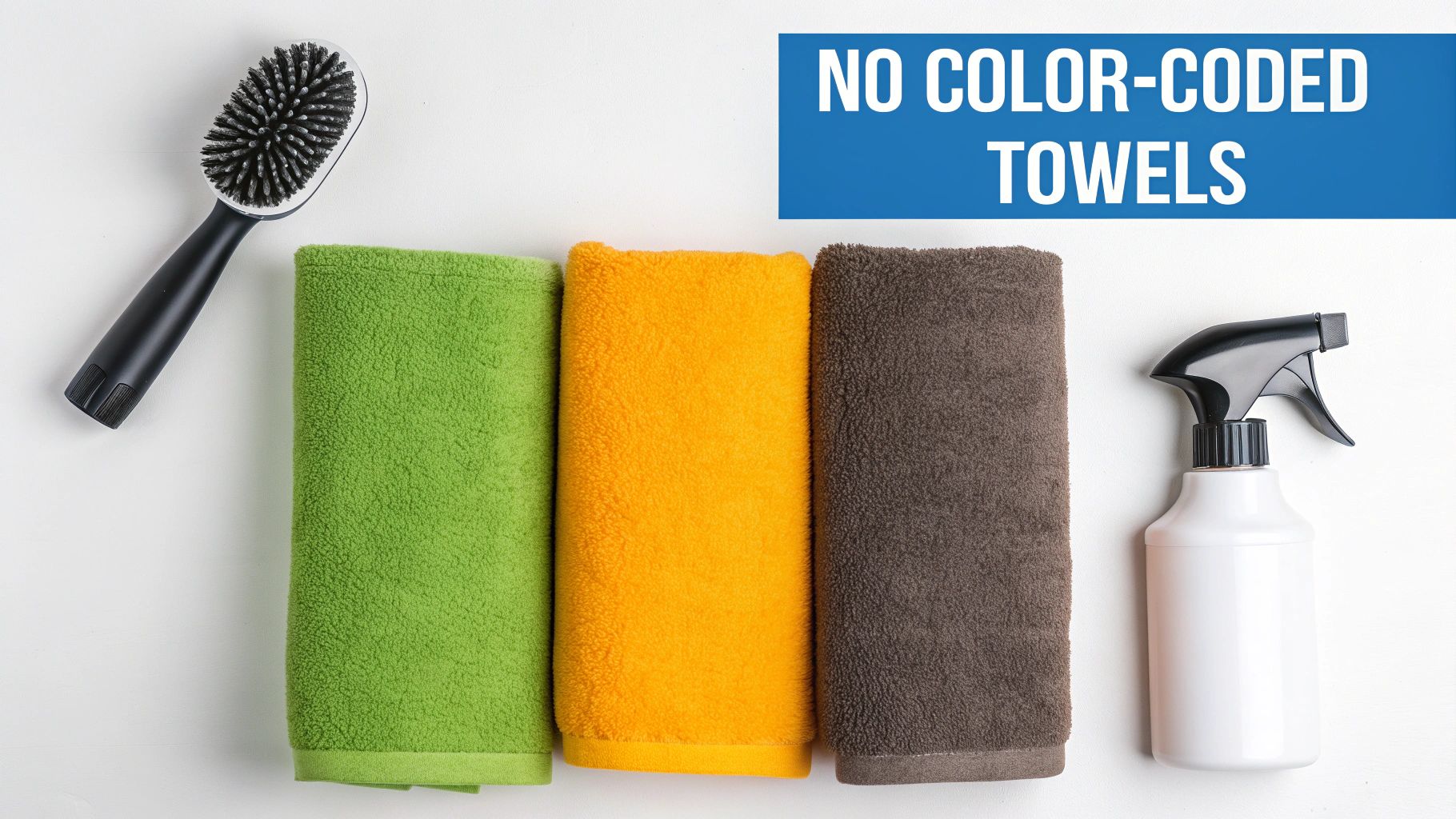 Flat lay of cleaning tools: a brush, green, yellow, and brown microfiber towels, and a spray bottle.