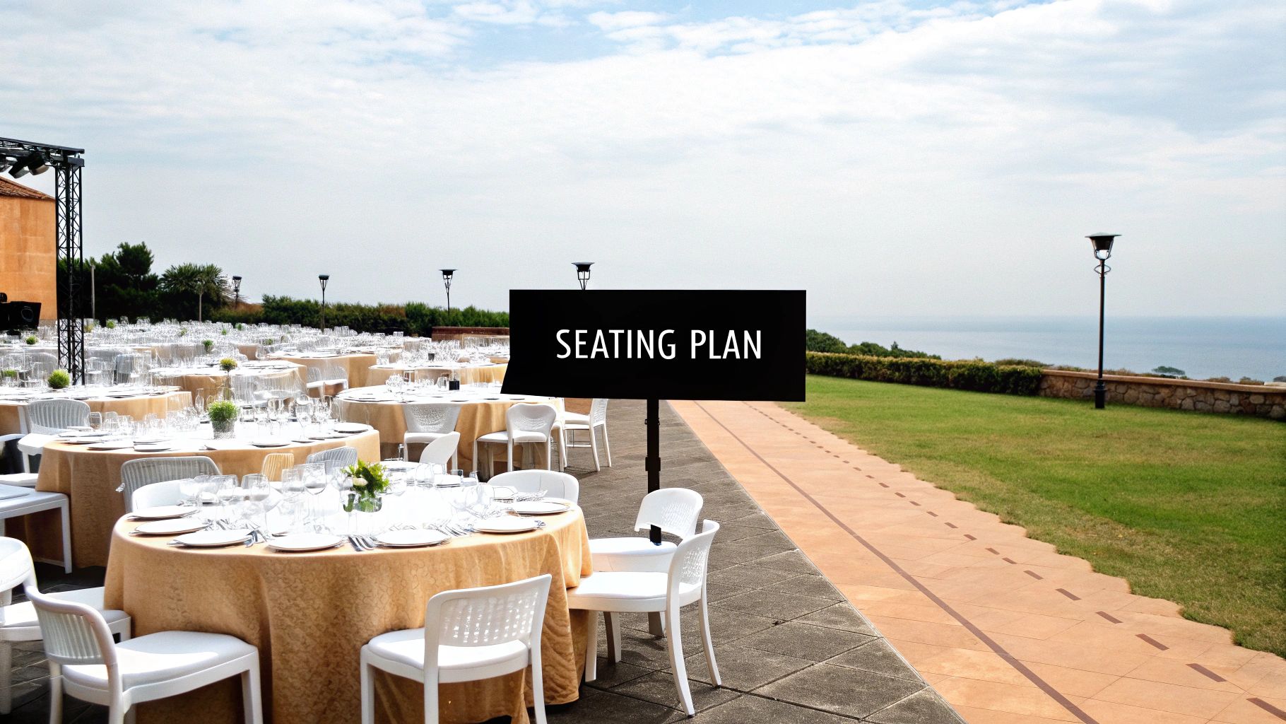 A beautiful wedding reception table setup with long tables and elegant decor