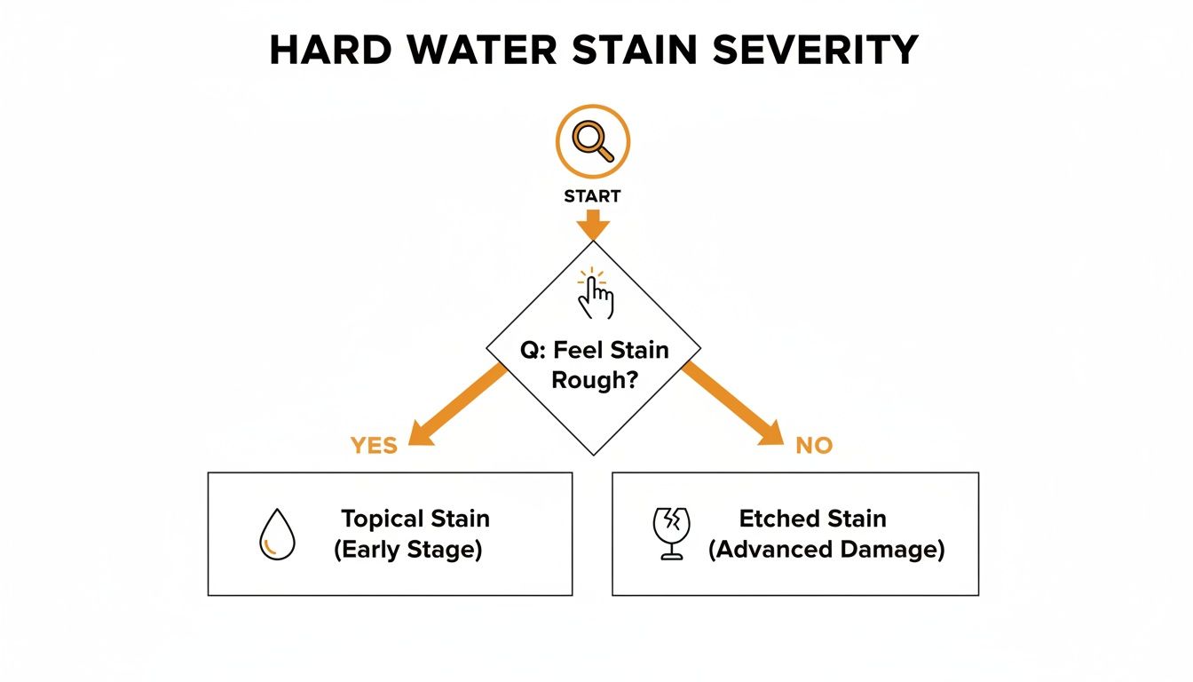 Flowchart illustrating hard water stain severity: Topical (early) or Etched (advanced), based on stain roughness.