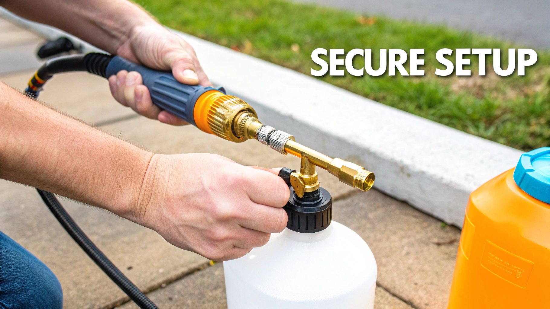 A person connecting a snow foam cannon to a pressure washer lance.