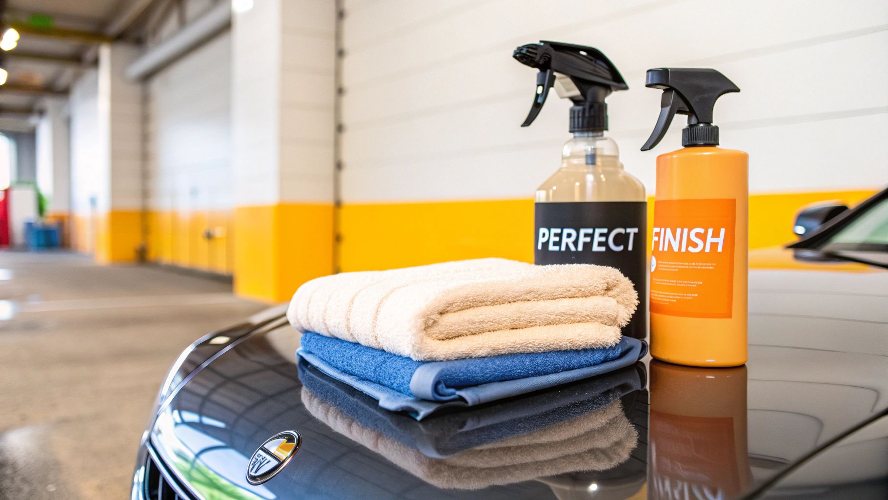 Car detailing products and towels on a dark car hood in a car wash setting.