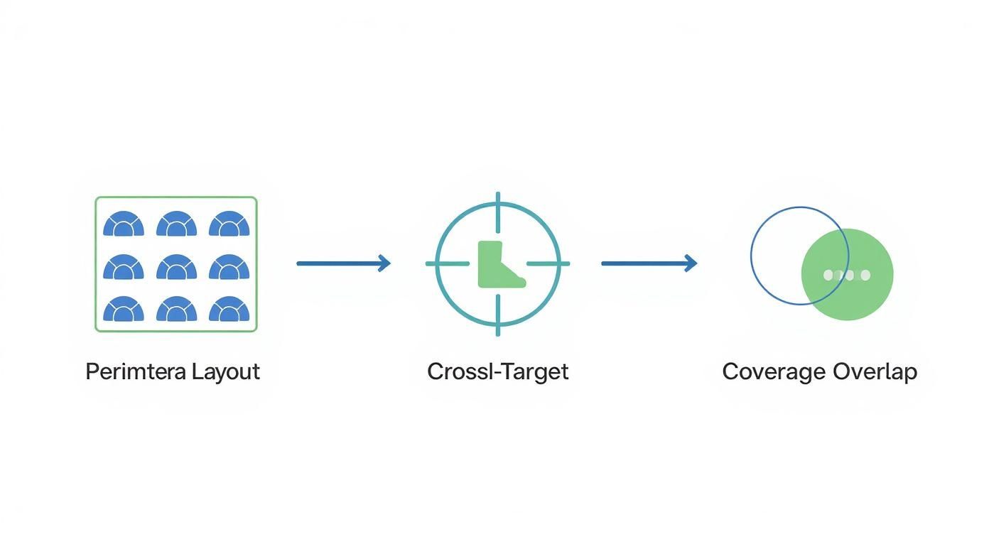 A diagram illustrates three steps: Perimtera Layout, CrossI-Target, and Coverage Overlap with connecting arrows.