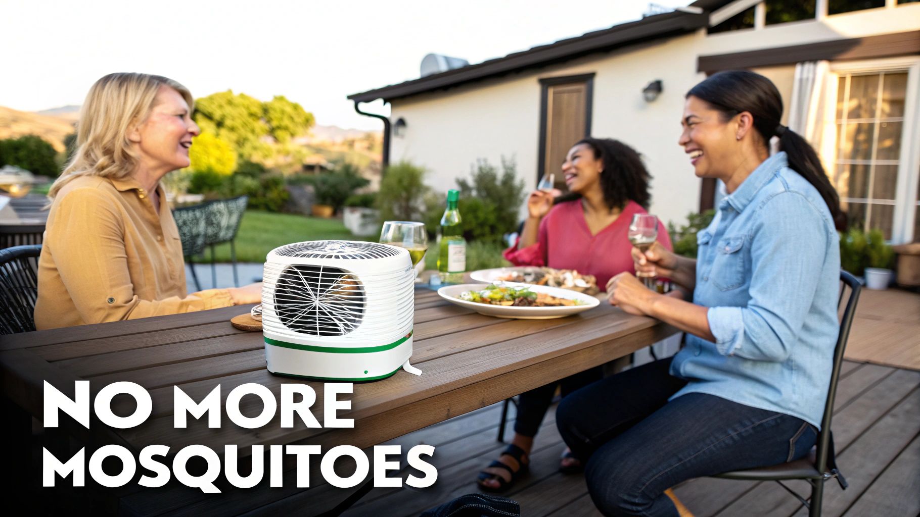 Three happy women enjoying an outdoor dinner on a patio with a mosquito repellent fan.