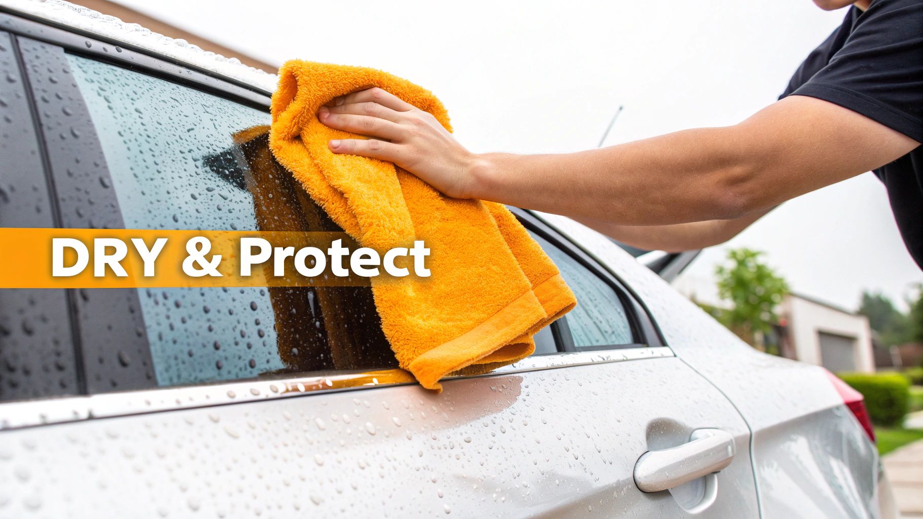 A person's hand drying a wet silver car window with an orange microfiber towel, with text 'DRY & Protect'.