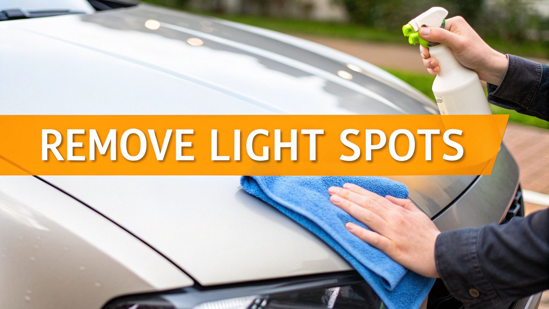 Hands cleaning a silver car hood with a blue microfiber towel and a spray bottle.
