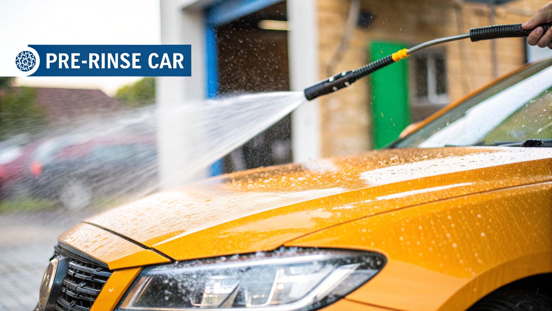 A person washing a car in the shade
