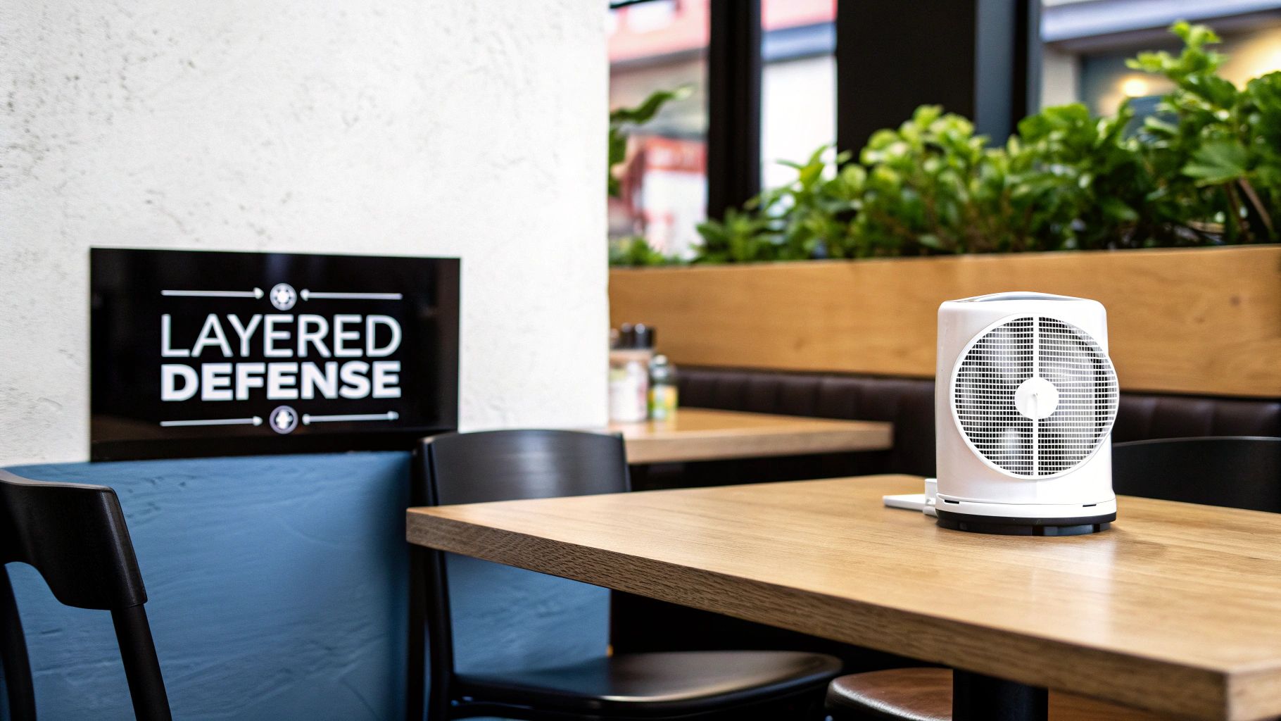 A small white air purifier sits on a wooden table in a modern cafe, next to a "Layered Defense" sign.