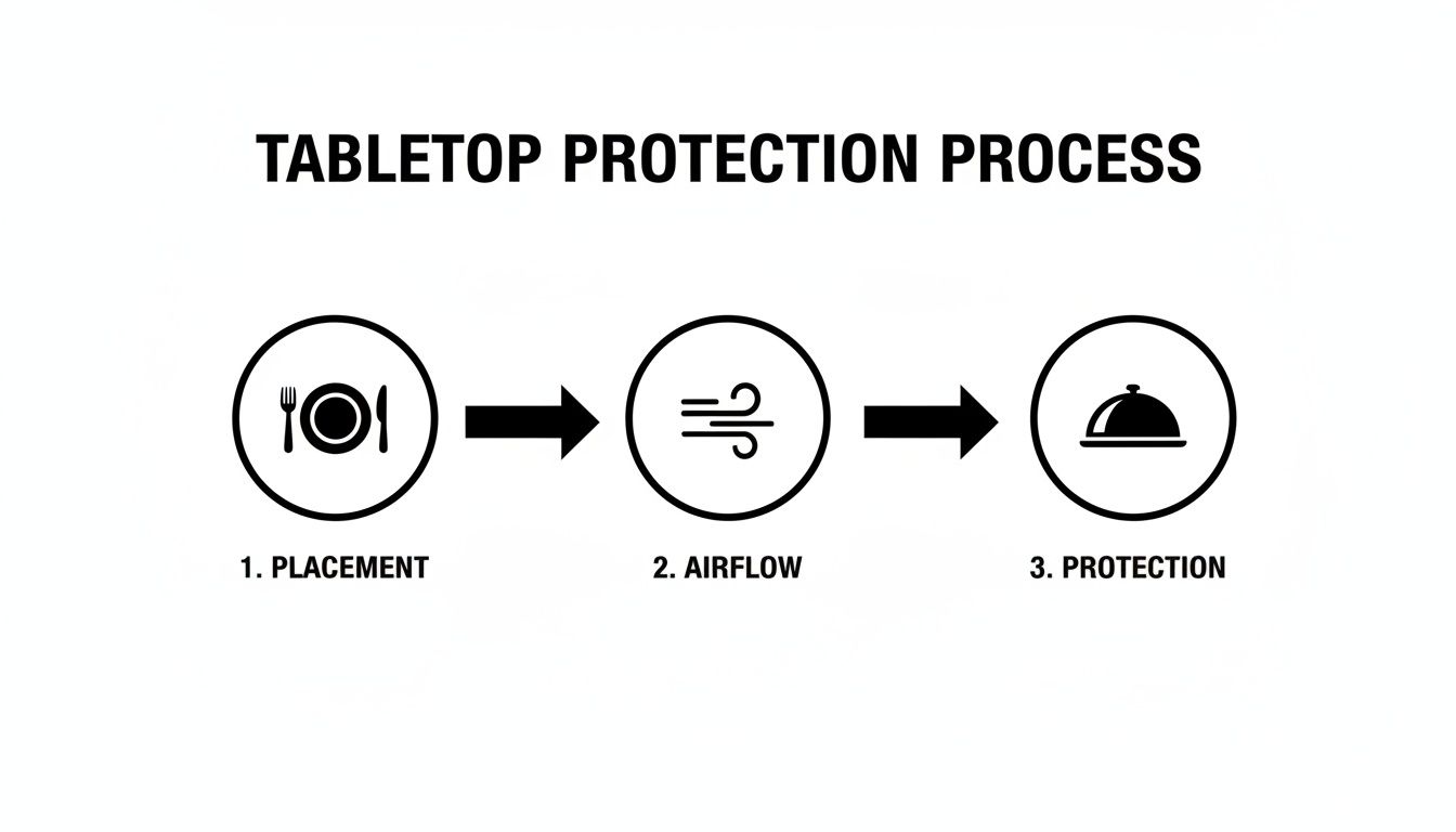 Diagram showing the tabletop protection process with three steps: placement, airflow, and protection using a cloche.